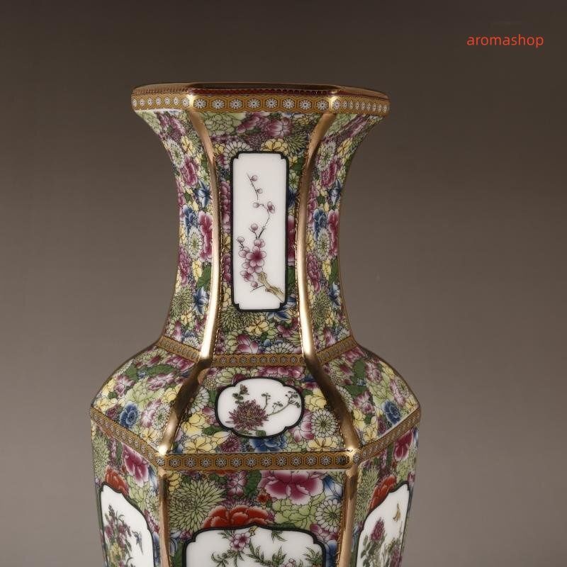 景徳鎮 琺瑯彩磁器花瓶 装飾品 現代工芸品 美術品 置物 景徳鎮 百花花鳥花瓶 六方花瓶 琺瑯彩 粉彩 磁器 置物 装飾 収蔵