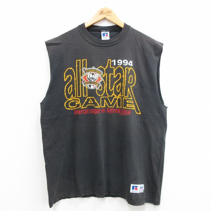 XL/古着 ラッセル ビンテージ ノースリーブ Tシャツ メンズ 90s MLB ピッツバーグパイレーツ オールスターゲーム コットン クルーネック 黒