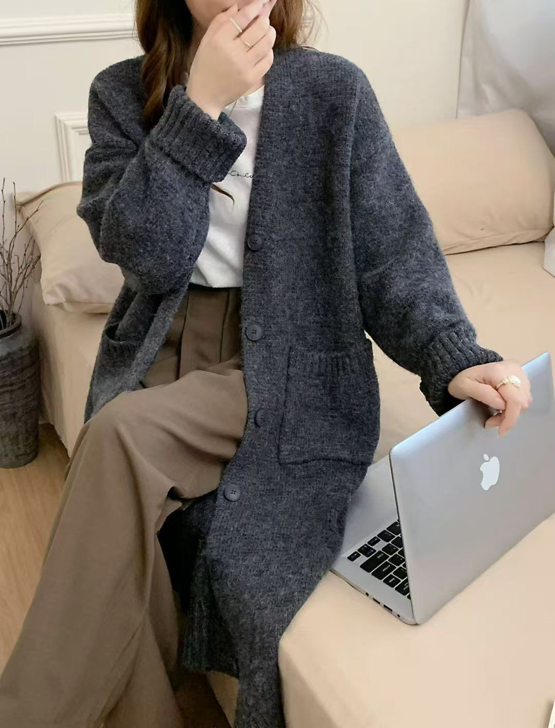 トップス 羽織り カーディガン ロング丈 袖あり 長袖 Vネック 襟