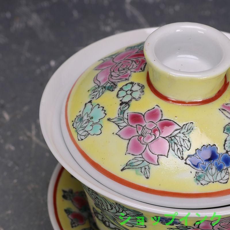 景徳鎮 粉彩黄地万花図三才蓋碗 景徳鎮蓋碗