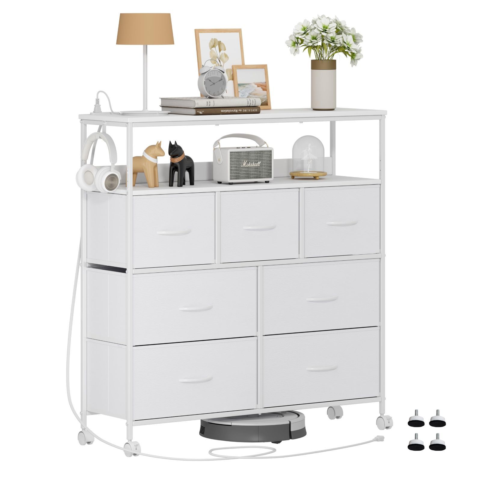 LunarLight チェスト タンス 幅100奥行30高さ104.2㎝ 収納チェスト 収納ケース コンセント2口付き ストッパーキャスター付き 移動式と 固定式2機能 テレビ台としても使える 頑丈 組立簡単 耐震転倒防止 大容量収納3段7杯 引き