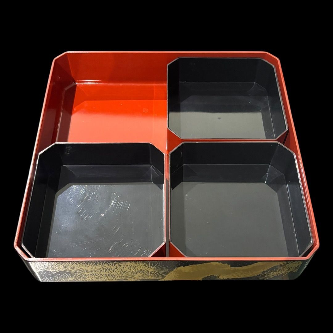 二段重箱 お重 蒔絵 縁起物 正月 鶴 松 天然木 昭和レトロ 会津塗 工芸