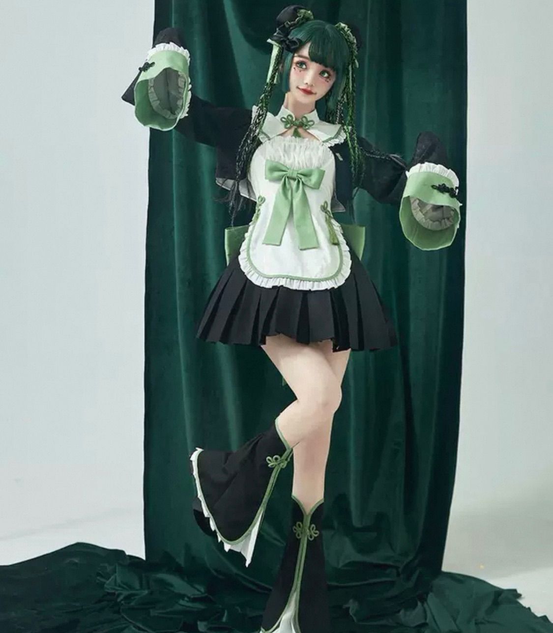 グリーン　ブラック　姫袖　チャイナ風　ロリィタ　セットアップ 4点セット！！ 中華風ロリータセットアップ グリーン ロリータ