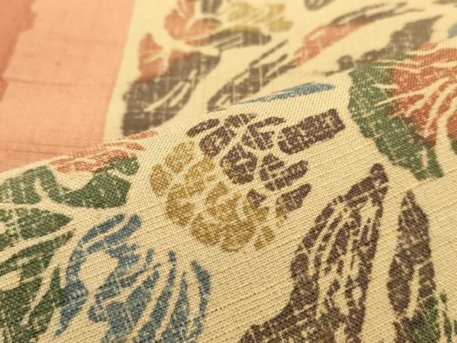 平和屋着物○全通柄袋帯 紬地 型染め 更紗花丸間道 やまと誂製 正絹