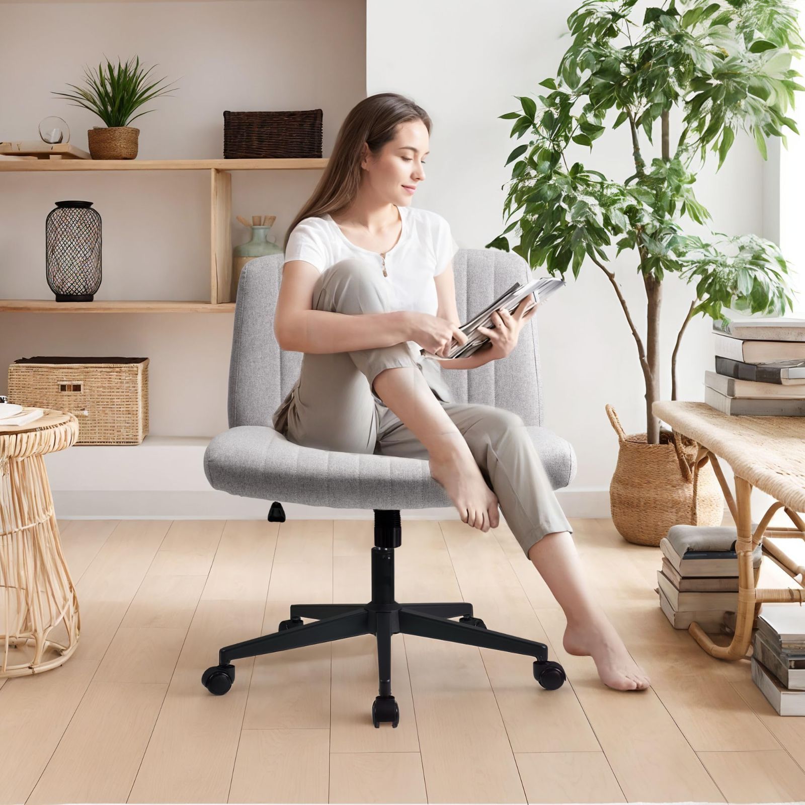 グレー T-THREE.テーブルチェアソファーチェアオフィスチェア人間工学に基づいたあぐらチェアスイング高さ調節3.9インチ 10cm キャスター付き回転肘掛けなしワイドシート寝室ホームオフィスに最適 MARWIL-DEMENAGEMENTS_CH