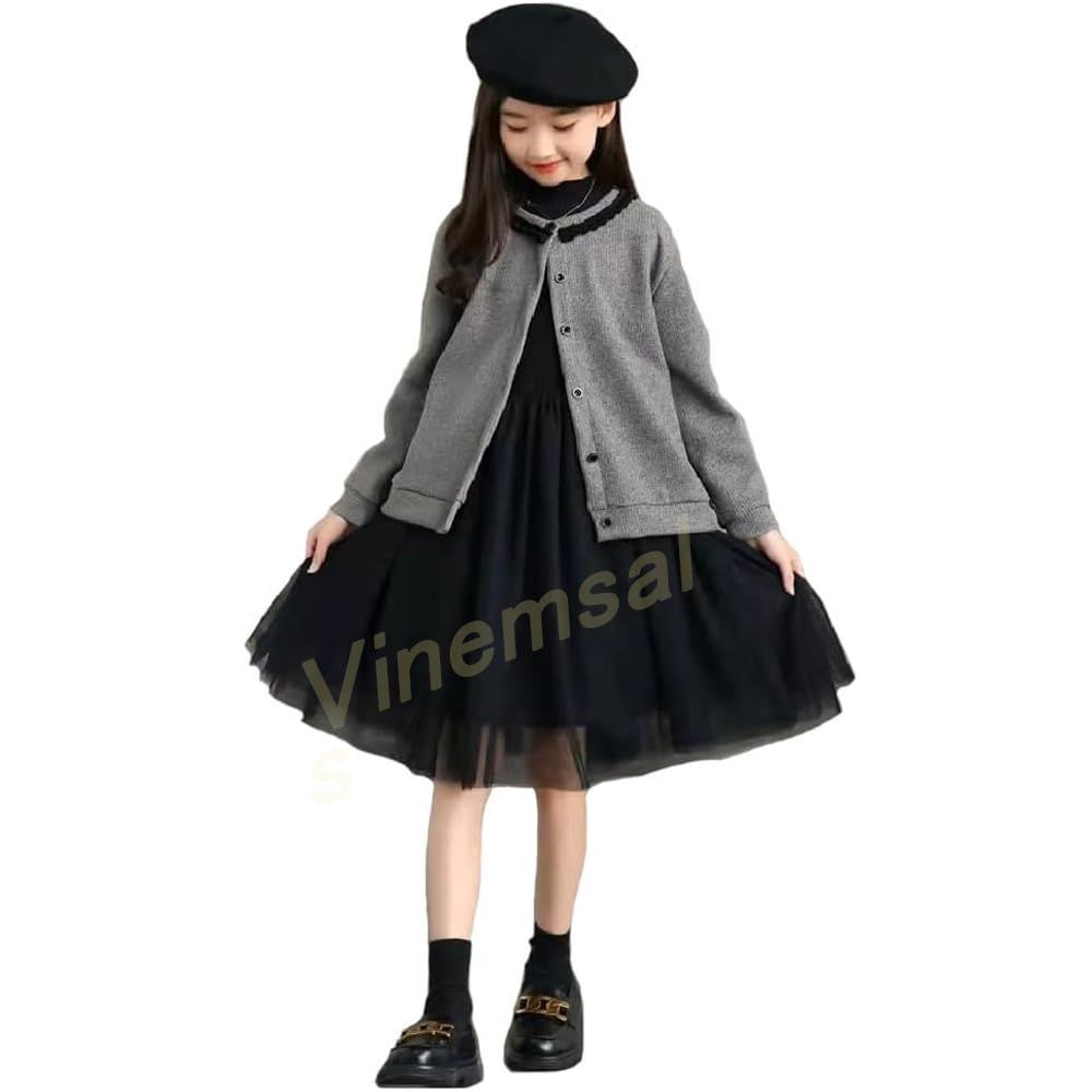 グレーセット2点セット（カーディガン＋ドレス)_150 入学式 女の子 フォーマル ワンピース スーツ 秋冬ワンピース 卒園式 スーツセット チュール ベルベット ドレス 韓国風 ジャケット ドレ