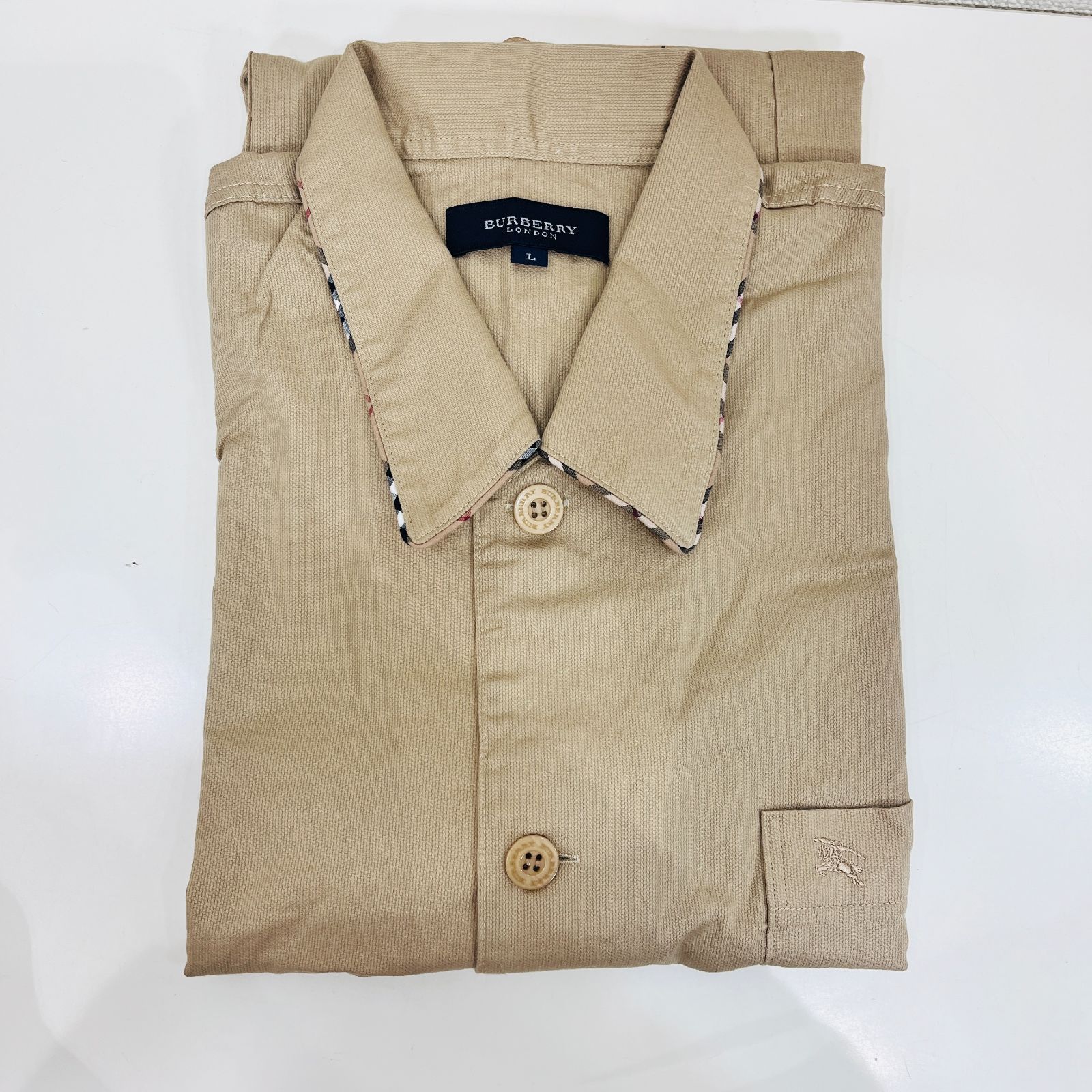 A【中古】Burberry バーバリー 半袖 襟付きシャツ ベージュ Lサイズ