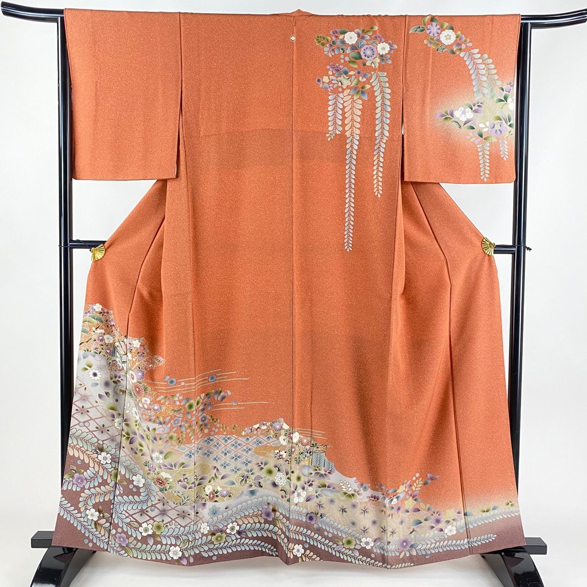 訪問着 身丈160cm 裄丈63cm S 袷 御所車 草花 金銀彩 赤茶 正絹 秀品 一つ紋