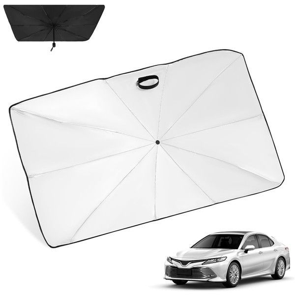 新着 POPETPOP 車 サンシェード 傘 フロント 140*80cm 完全フィット UVカット 折り畳み 収納ポーチ付き 強化10本骨 遮光 遮熱 ポータブル 取付簡単 車中泊 仮眠 暑さ対策 ワンサイズでほぼ全車種に
