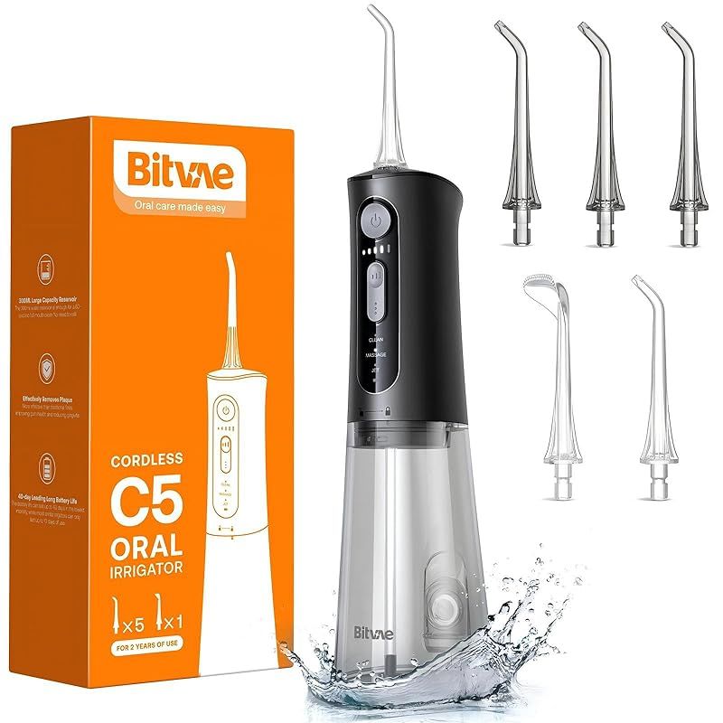 Bitvae 口腔洗浄器 ジェットウォッシャー3つのモード＆5段階の強度 口腔浄機器 USB 充電式 ウォーターフロス の5個替えノズル IPX7防水 歯間ケア BLACK 1