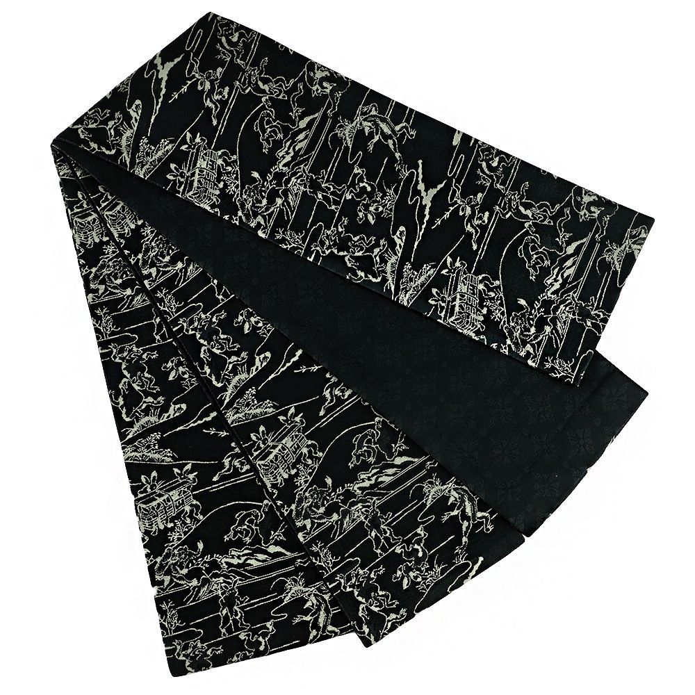 半幅帯 浴衣帯 ゆかた帯 正絹 桐生織 赤 黒 ブラック 福寿 人物 ミステリアス リバーシブル ユニーク 個性的 お洒落 粋 大人 シック 華やか 新 No.10-5633 半幅帯 浴衣帯 ゆかた帯 正絹 桐生織 黒地 オフホワイト 赤 歌舞伎 隅