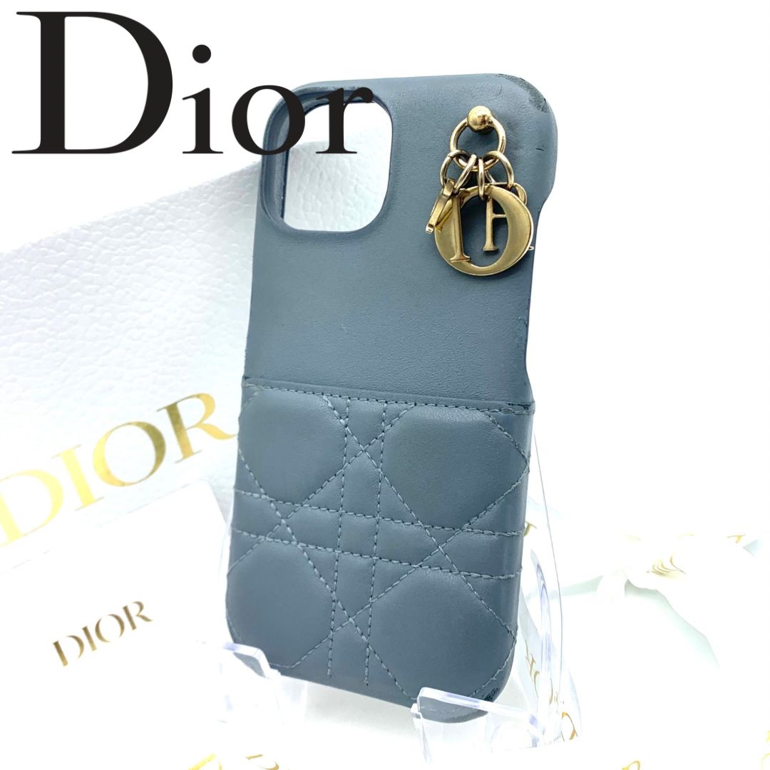 【美品】クリスチャンディオール iPhone14ケース シルバー カナージュ Christian Dior iPhone ケース レザー キルティング カナージュ