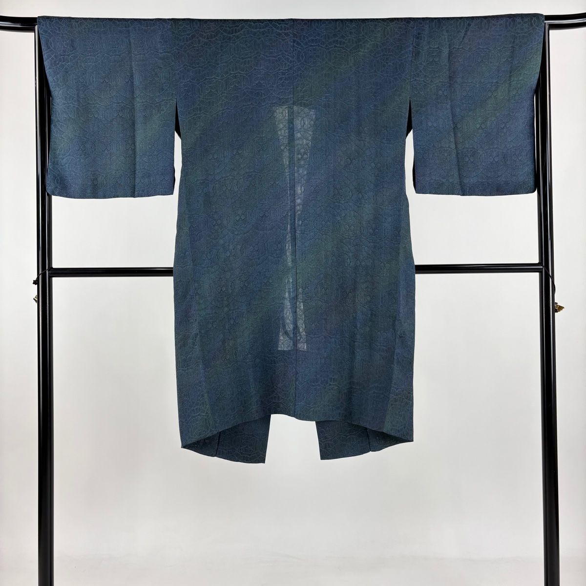 道中着 身丈109cm 裄丈64cm M 和装コート 幾何学 青緑 正絹