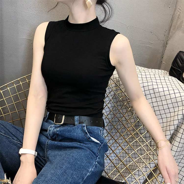 ノースリーブ トップス プチハイネック tシャツ レディース 薄手
