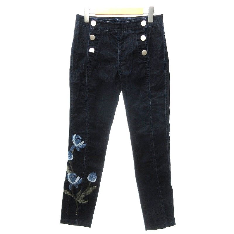 エルマノシェルビーノ ERMANNO SCERVINO 花柄刺繍 ストレッチパンツ スキニー テーパード 銀ボタン 紺 ネイビー 40 約Mサイズ IBO71