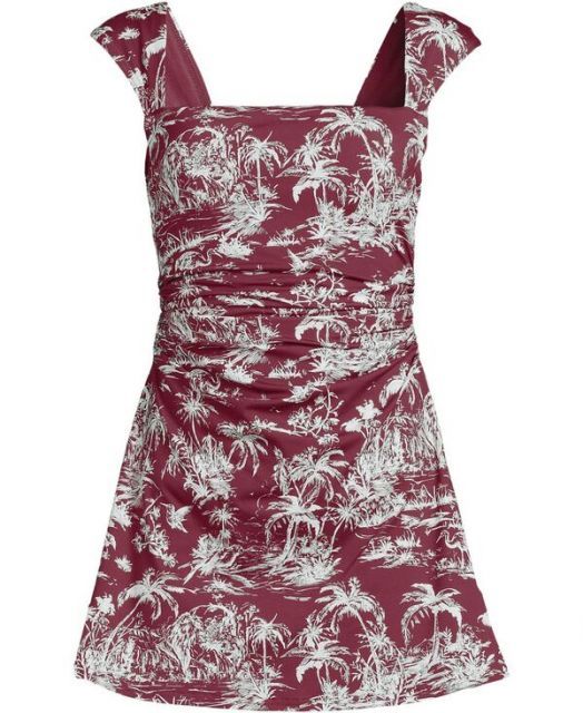 送料無料 ランズエンド レディース ワンピース トップス Women s Smoothing Square Neck Ruched Swim Dress Swimsuit Burgundy island scenic