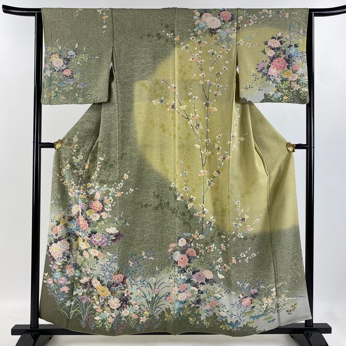 訪問着 身丈158cm 裄丈63cm S 袷 牡丹 菊 ぼかし 灰緑 正絹 美品
