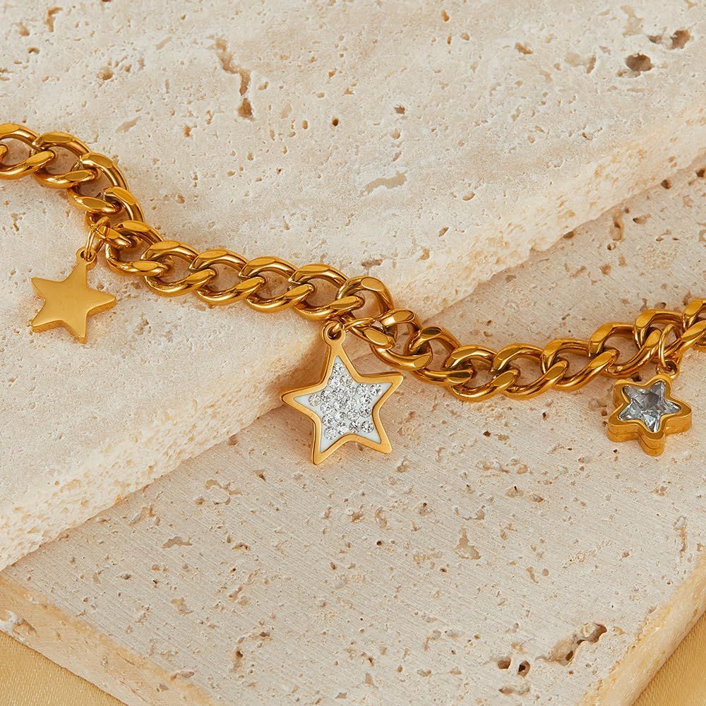  プレゼント おしゃれ 軽量 ゴールド＆シルバー 調整 キュービックジルコニア付き 星型チャーム ステンレス レディース ブレスレット ブレスレット アクセサリー
