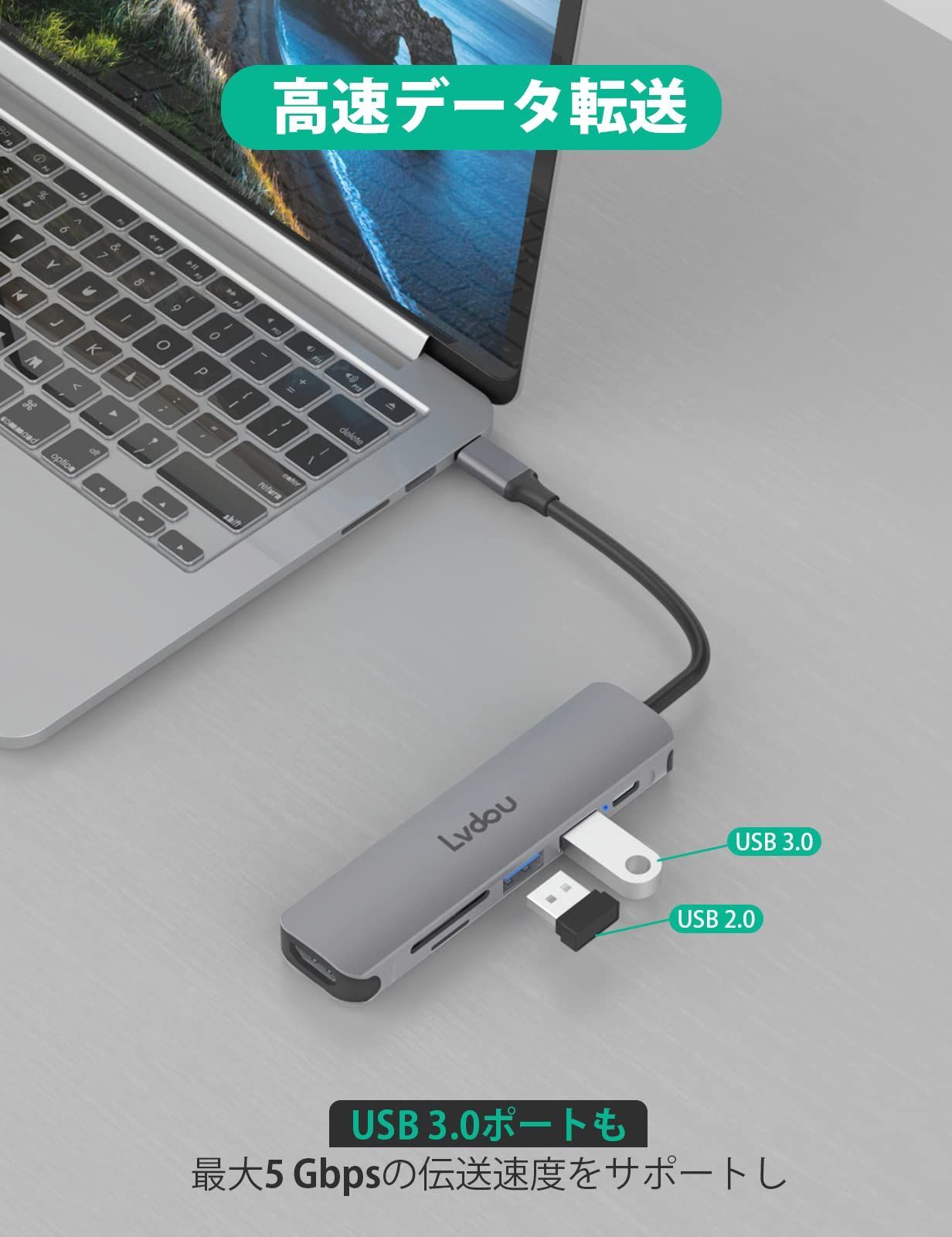 【人気商品】ハブ 6-in-1 Lvdou C アダプタ｜100W PD充電対応・4K HDMI・MicroSD/SDカードリーダー搭載｜MacBook Pro/Air iPad USB Pro iPhone 15/16 Surface Pro 2024高機能