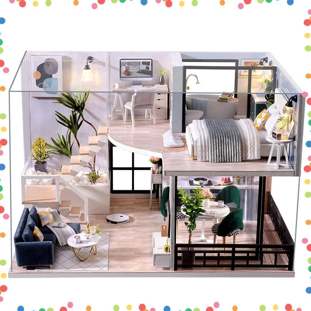 【在庫セール】CuteBee DIY木製ドールハウス、居心地の良い時間、ミニチュア、ミニチュアハウス、ミニチュア キット、ミニチュアコレクション、インテリア、防塵カバー付き（L32C）