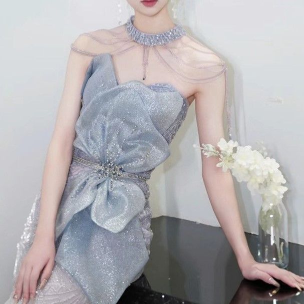 マーメイドドレス イブニングドレス ブルー グレー ロングドレス