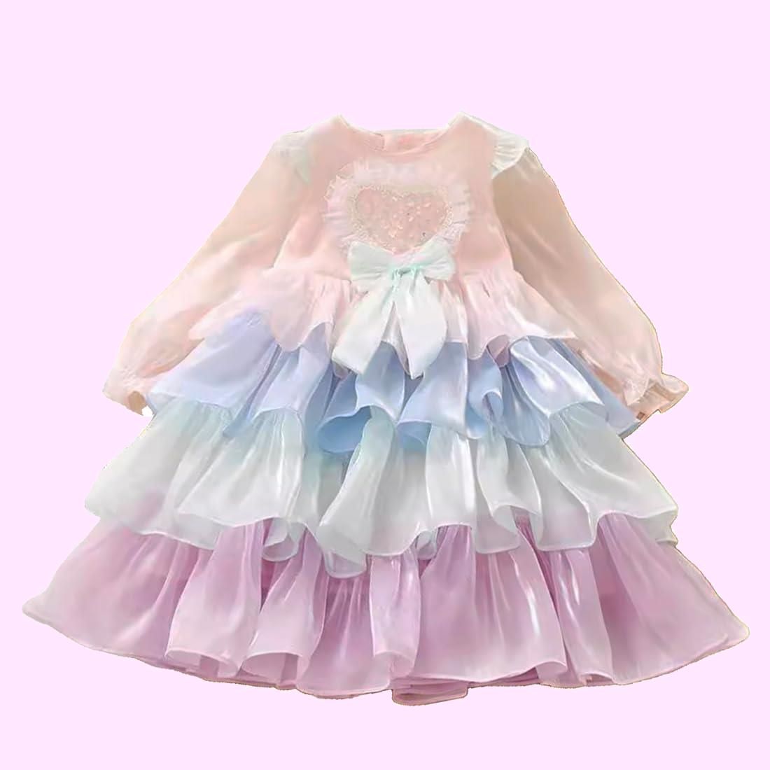 Size:140_Color:1-ピンク [VOKLLIYU] 女の子 子供 ワンピース 長袖 可愛い キッズ お姫様ドレス ワンピース 女児 子ども洋服 パーティー 結婚式 発表会 通学 通園 卒園式 入学式 110-150CM(1-ピンク， 140)