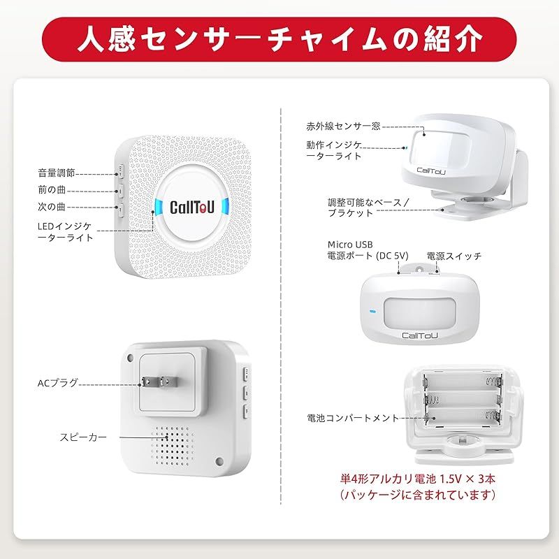 CallToU ワイヤレスチャイム 人感センサー 玄関用 店舗用 150M