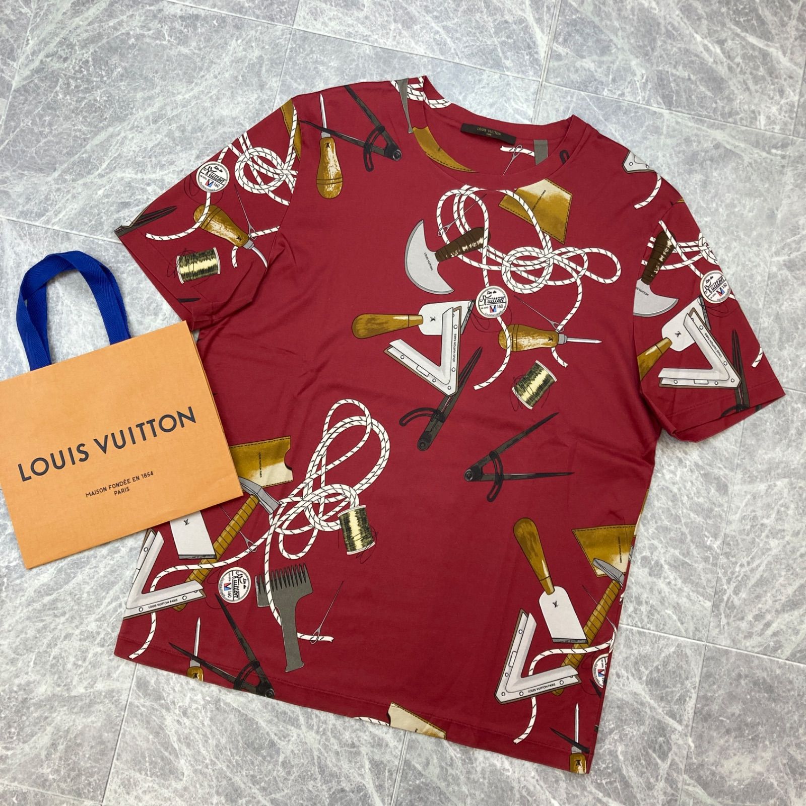 ✨希少✨ LOUIS VUITTON ルイヴィトン 15AW クリストファーネメス Tシャツ XXL ロゴ ツールモチーフ 工具 ロープ レッド ボルドー 総柄 コットン メンズ トップス PAWNSHOPRiZ  パウンショップリズ