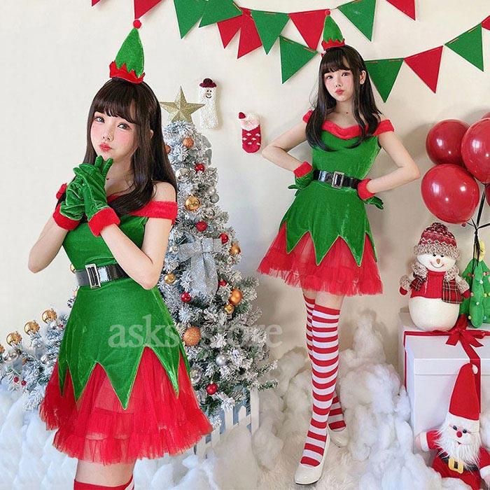 クリスマス レディース コスプレ ワンピース Aライン ベアトップ コスプレ衣装 髪飾り付き クリスマスツリー サンタコス衣装 サンタクロース 仮装  大人 女性用 - メルカリ