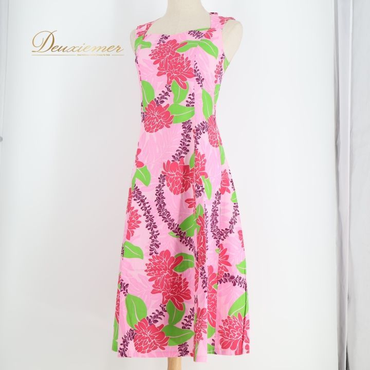 フラダンス衣装】ライトグリーン ワンピース ドレス マイレ柄 赤