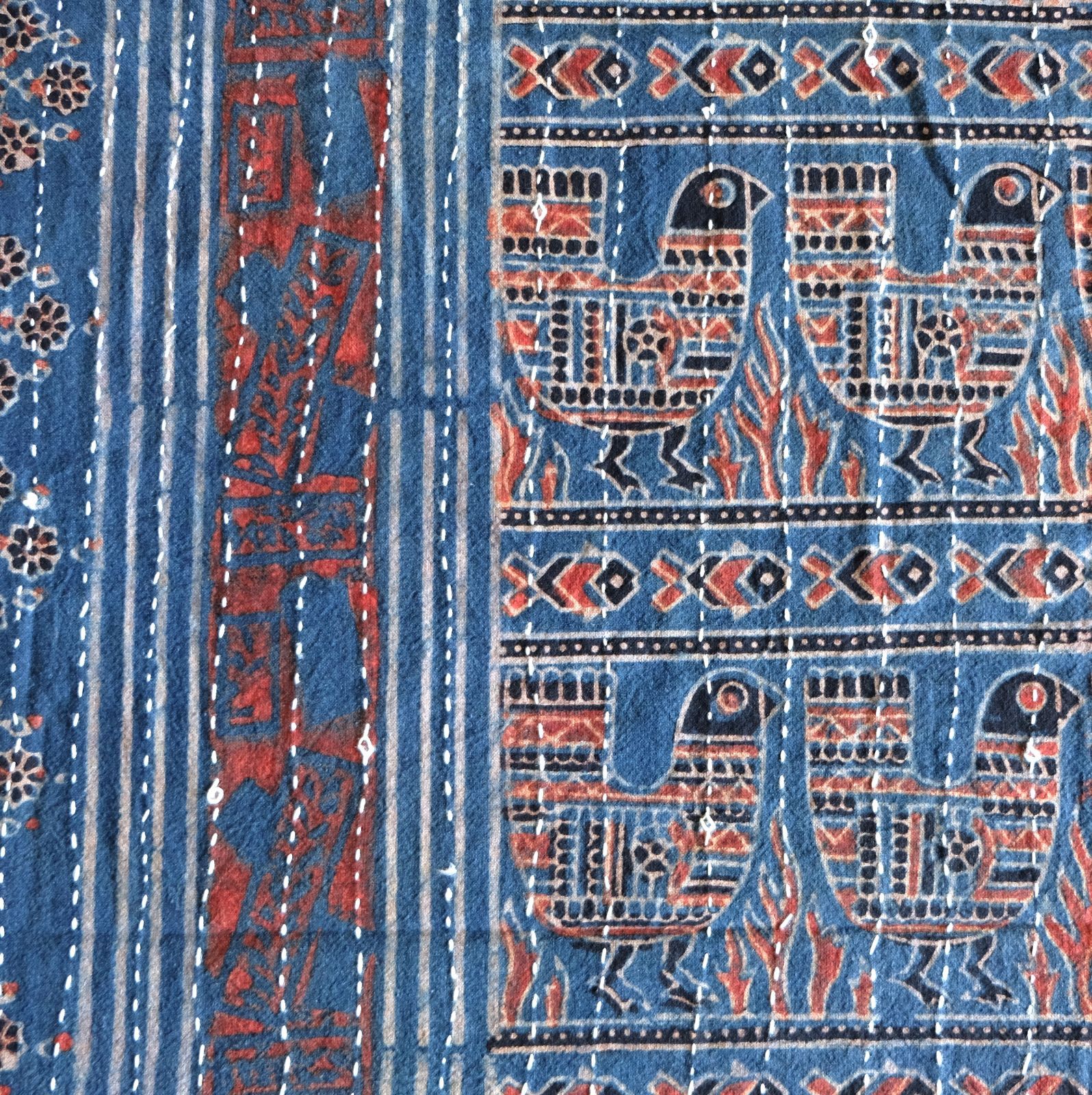 マルチクロス　刺し子　約145×235cm　インド綿　ブロックプリント　アジュラック　インディゴ×鳥