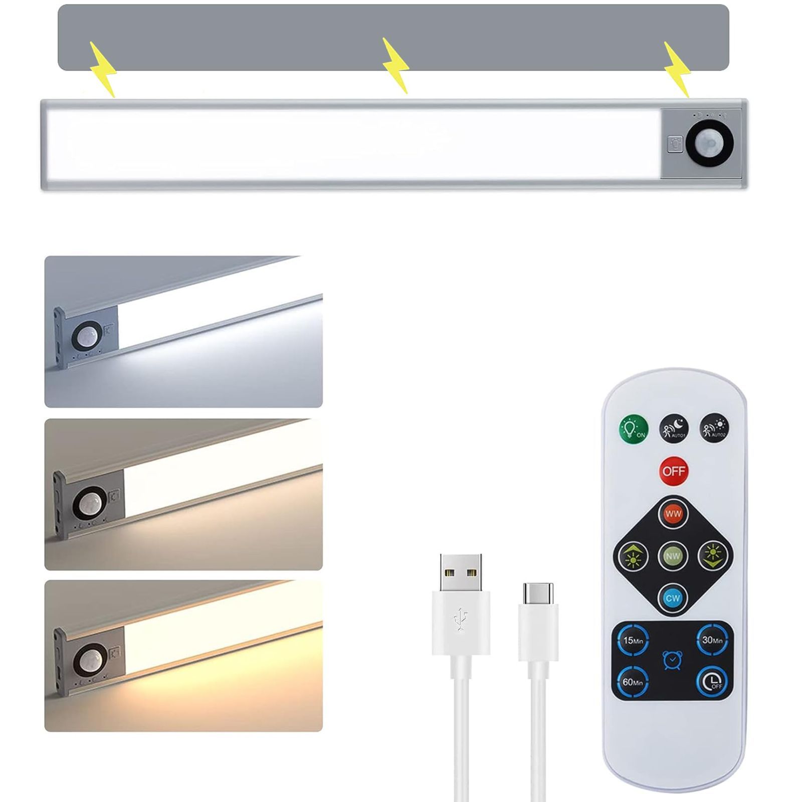 【新着商品】Usetcc ledバーライト 人感センサーライト 30CM【リモコン付き】マグネット Type-C 充電式 1500mAh 大容量電池 LEDセンサーライト 3つ色温度 無段階調光 屋内 室内 人感センサーライト LE