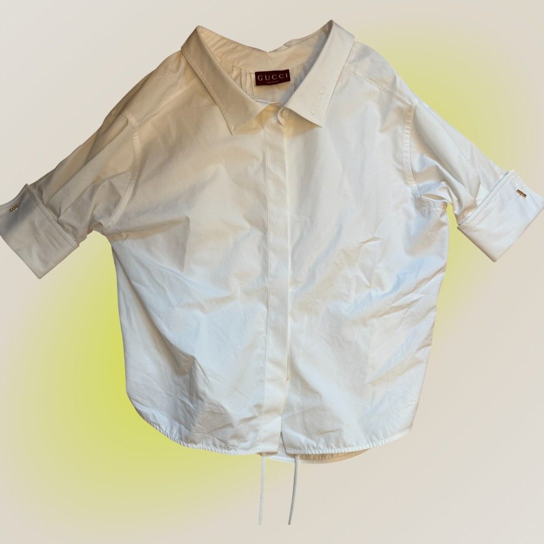 グッチ GUCCI コットン シャツ 半袖 レディース 38 ホワイト ロゴ刺繍入り イタリア製 着丈66 身幅66 袖丈28