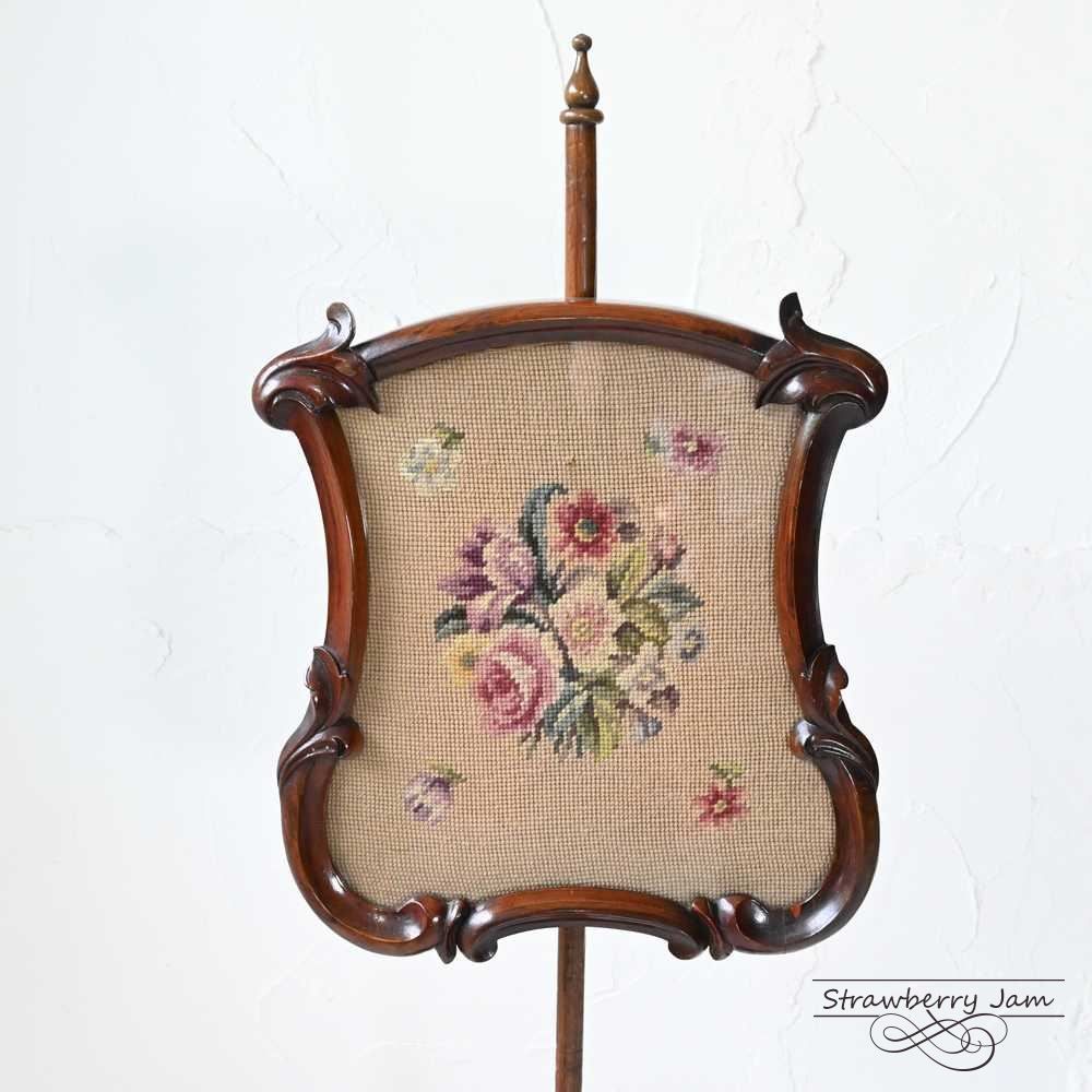 イギリス アンティーク 家具 ファイヤースクリーン 衝立 刺繍 英国
