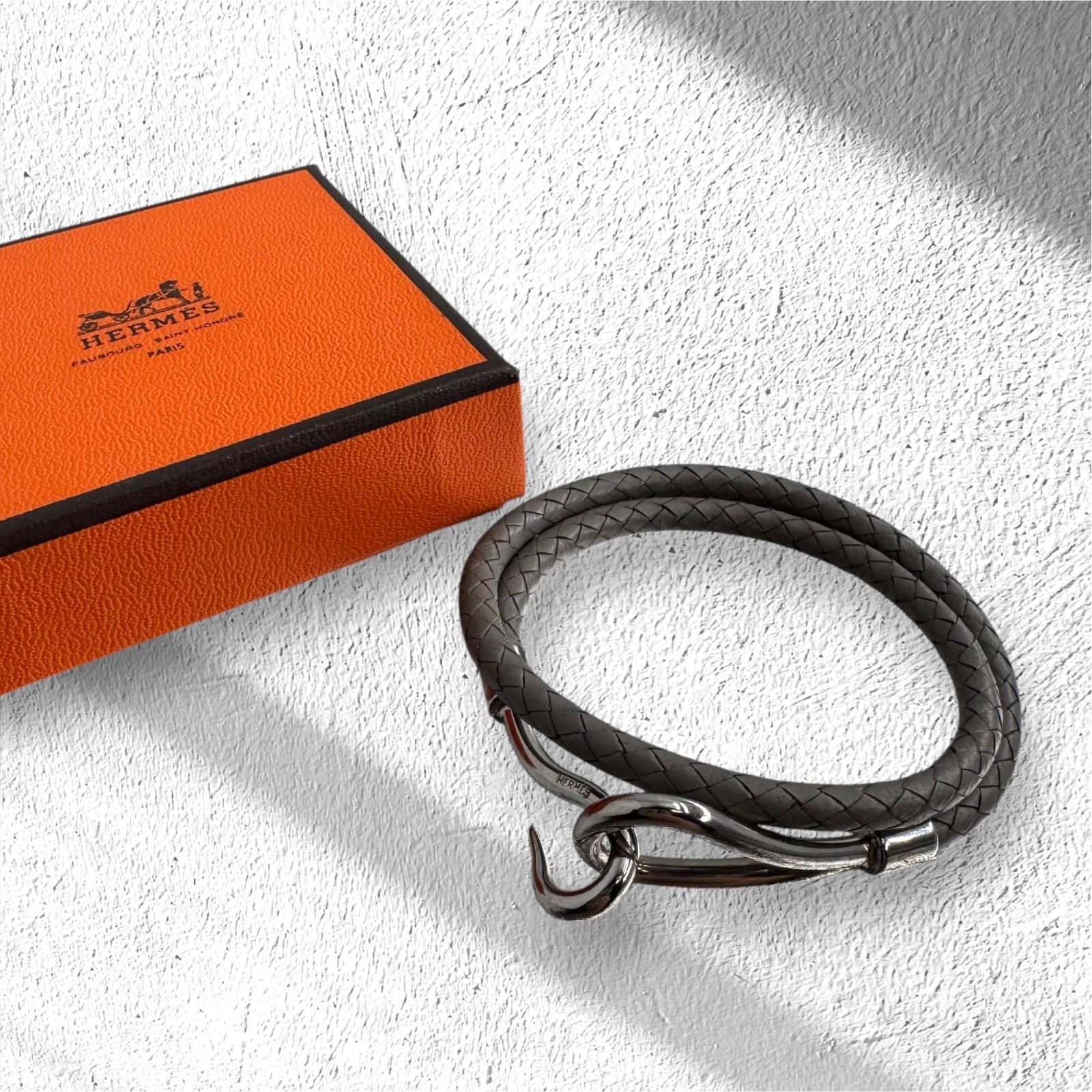 HERMES ジャンボ 編み込み チョーカー ブレスレット ヴォースイフト レザー グレー 保存箱