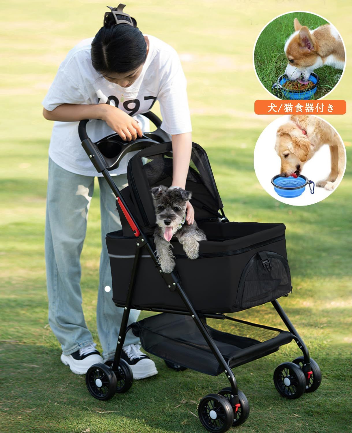 中型犬 小型犬 後輪ブレーキ付 猫 猫 多頭飼い対応 前輪360°回転 ドッグカート 4輪 お散歩 耐荷重20KG 介護用 ドリンクホルダー付き 買い物かご 交換用クッション付き 通院 カート 犬用カート 犬用ベビーカー 組み立て簡単 3WAYモデル