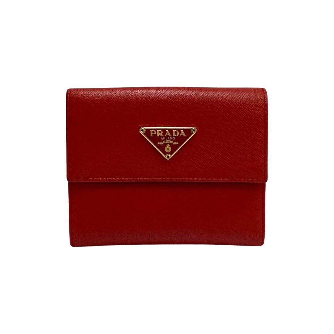 極美品 PRADA 二つ折り財布 サフィアーノレザー 三角ロゴプレート 財布