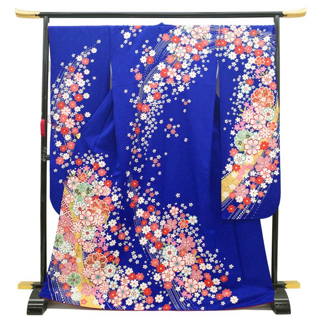 中古】 振袖 着物 リサイクル 正絹 成人式 フォーマル 金彩加工 青  