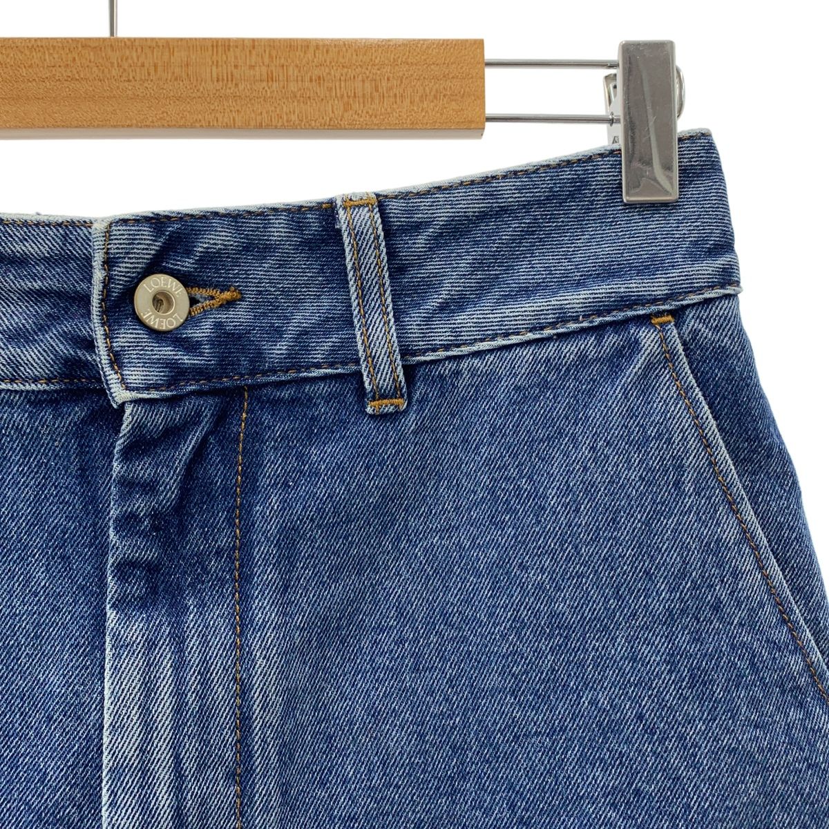 LOEWE ロエベ アナグラム ロゴレザーパッチ カットオフ デニム ワイド ショートパンツ ショーツ 38 インディゴ レディース