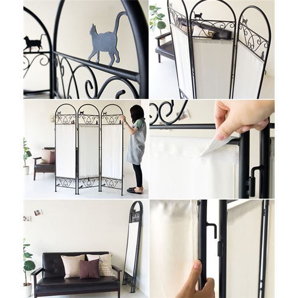 パーテーション 衝立 幅40cm 猫柄 3連 スチール ファブリック生地 アジャスター付き リビング 店舗 インテリア家具