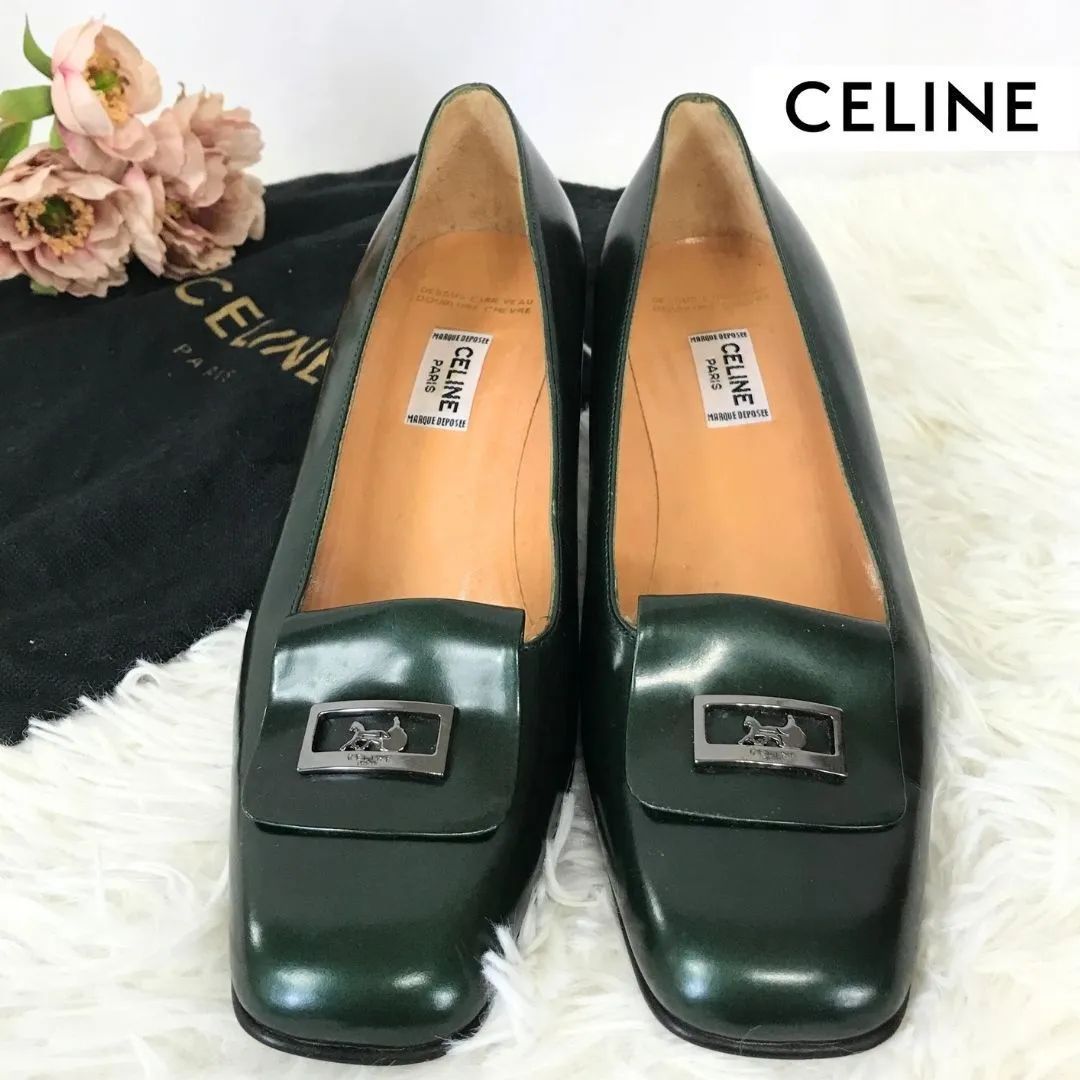 CELINE　セリーヌ　パンプス　グリーン　エナメル　　馬車金具　サイズ表記37(24cm相当）　保存袋有り　イタリア製