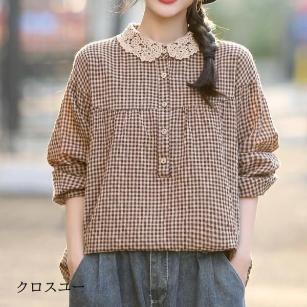 シャツブラウスレディーストップス長袖40代体型カバー綿麻リネン折襟秋チェック柄20代ゆったりカジュアル風可愛い ブラウス シャツ トップス レディース 40代 長袖 綿麻 体型
