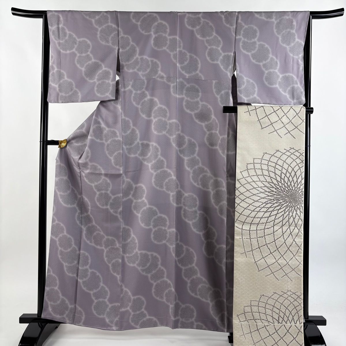 小紋 身丈161.5cm 裄丈65cm M 袷 袋帯セット 雪輪 疋田 ぼかし 紫 正絹 名品