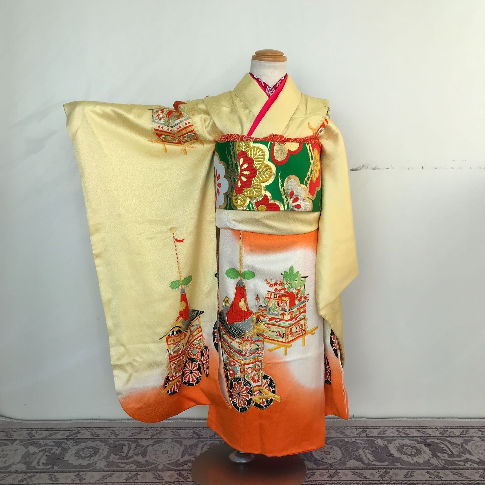 七五三 7歳女の子 着物 四つ身 黄色 長襦袢 作り帯セット 帯揚げ帯締めしごき付き ビンテージ きもの猫田 T0340