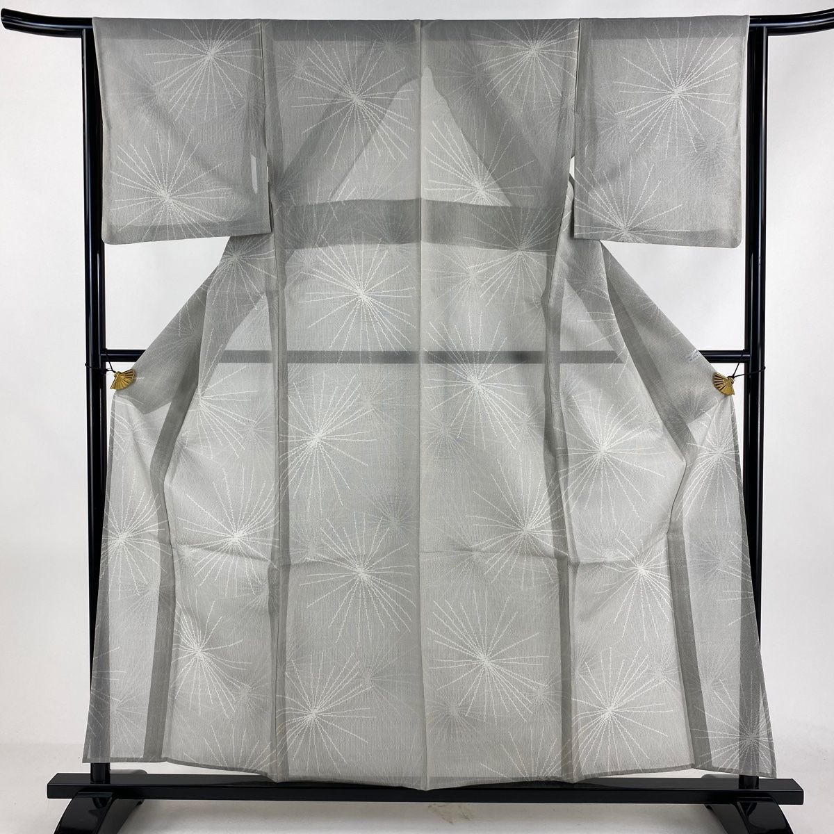 紬 身丈158.5cm 裄丈63.5cm S 薄物 夏紬 幾何学 灰白 正絹 秀品