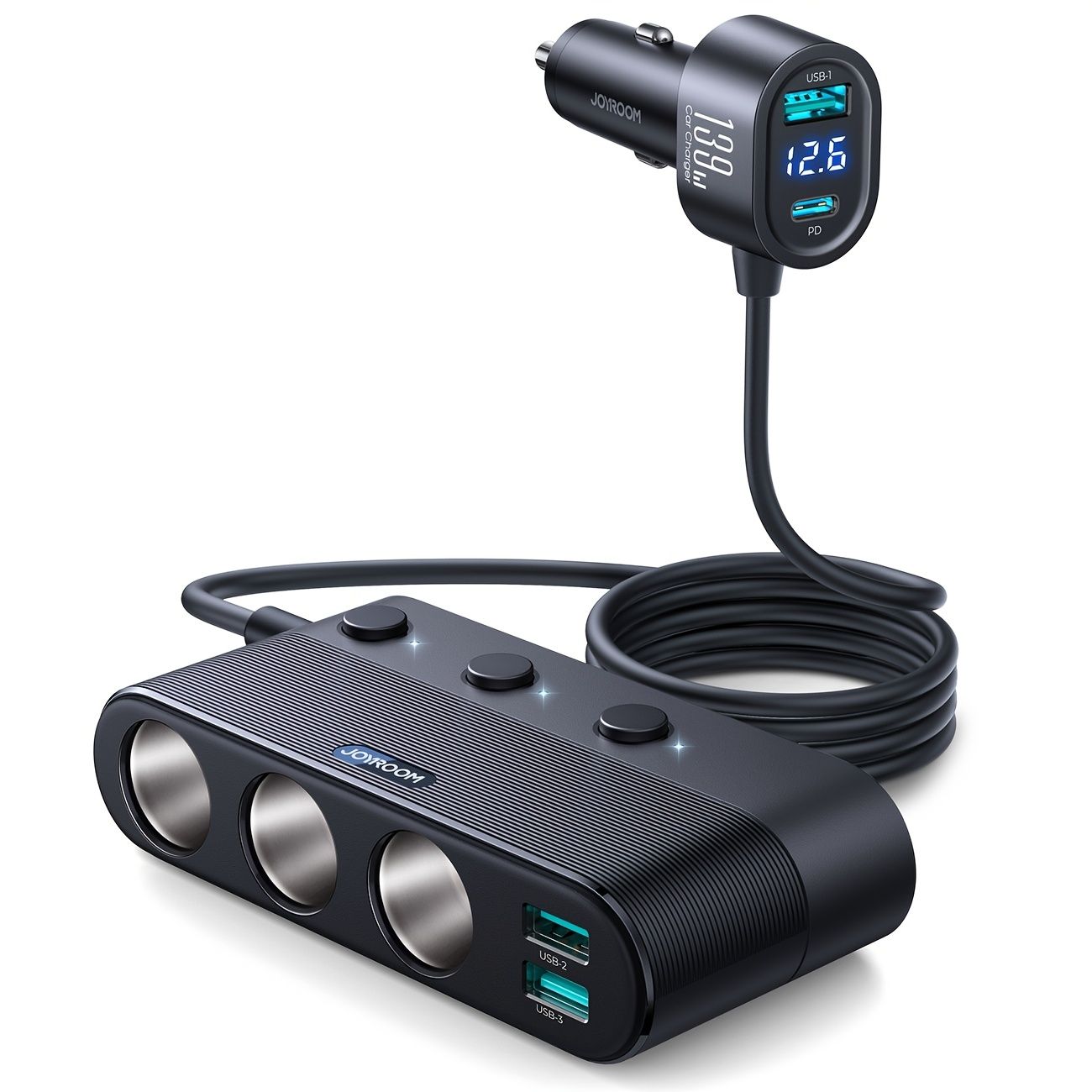 7イン1のシガレットライタースプリッタ、210Wのシガレットライターアダプター、PD/QC 3.0の充電機能付き（100.58cmのケーブル）、12V/24Vの独立したスイッチDCシガレットライターカーチャージャ