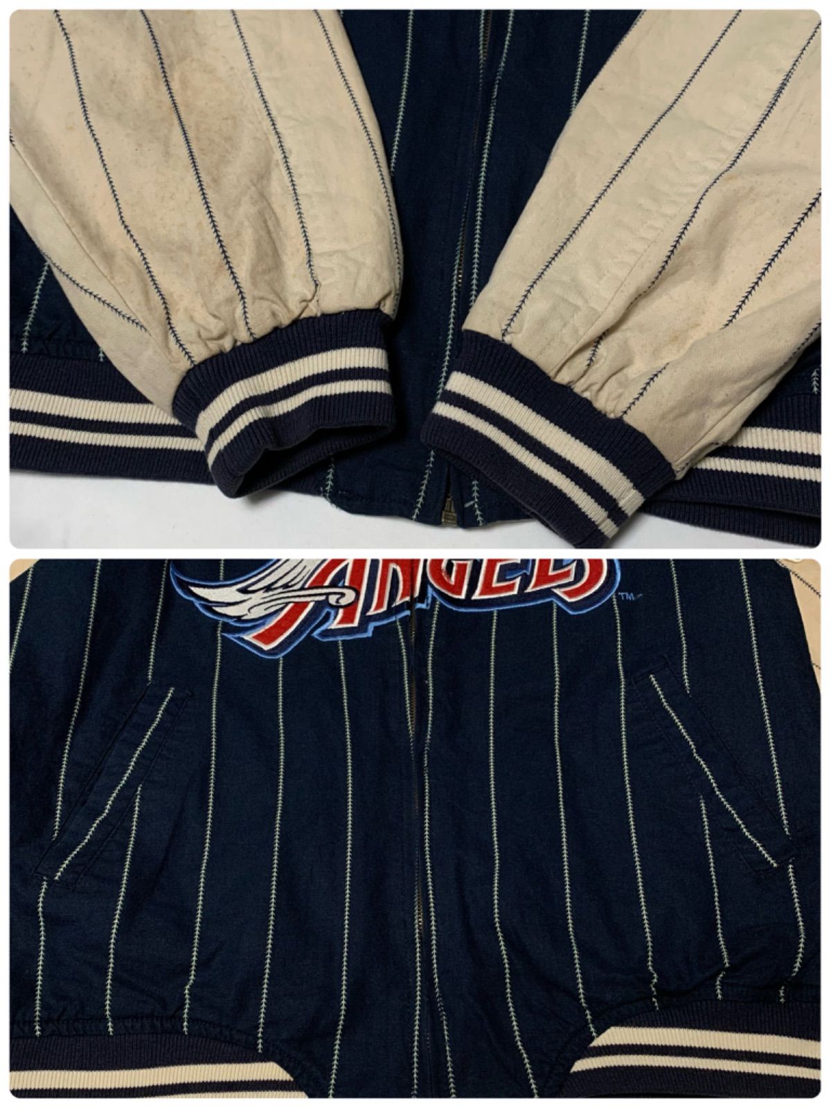 90s MIRAGE “ANAHEIM ANGELS” Reversible Cotton Stadium Jacket ミラージュ アナハイム・エンゼルス コットンスタジアムジャケット スタジャン リバーシブル ネイビー ライトベージュ Lサイズ MLB