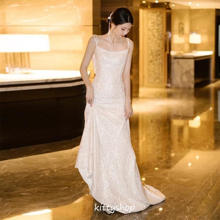 ウェディングドレス 二次会ドレス 白 キラキラドレス ノースリーブ 結婚式ドレス 花嫁ドレス マーメイドライン ホワイトドレス 撮影 キャミ