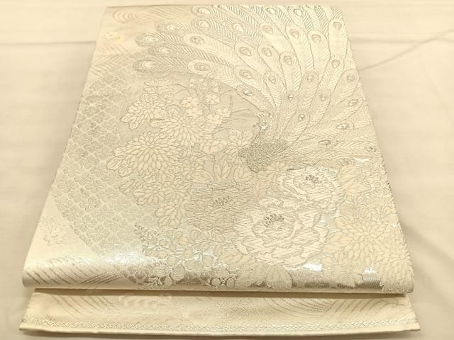 袋帯 唐織 孔雀 金彩 花柄 素敵なデザイン 六通 正絹 AO-3958 袋帯 唐織 孔雀 金彩 花柄 素敵なデザイン 六通 正絹 AO-3958