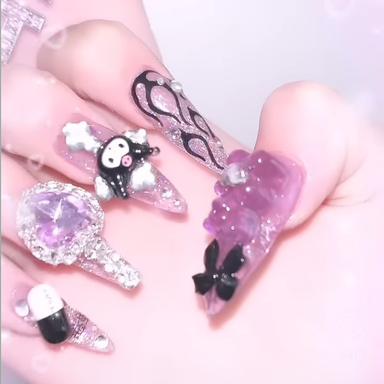 メルカリshops ギャル痛ネイルちゅるんシアーピンククロミオーロラリボンぷっくりジェルネイルチップ